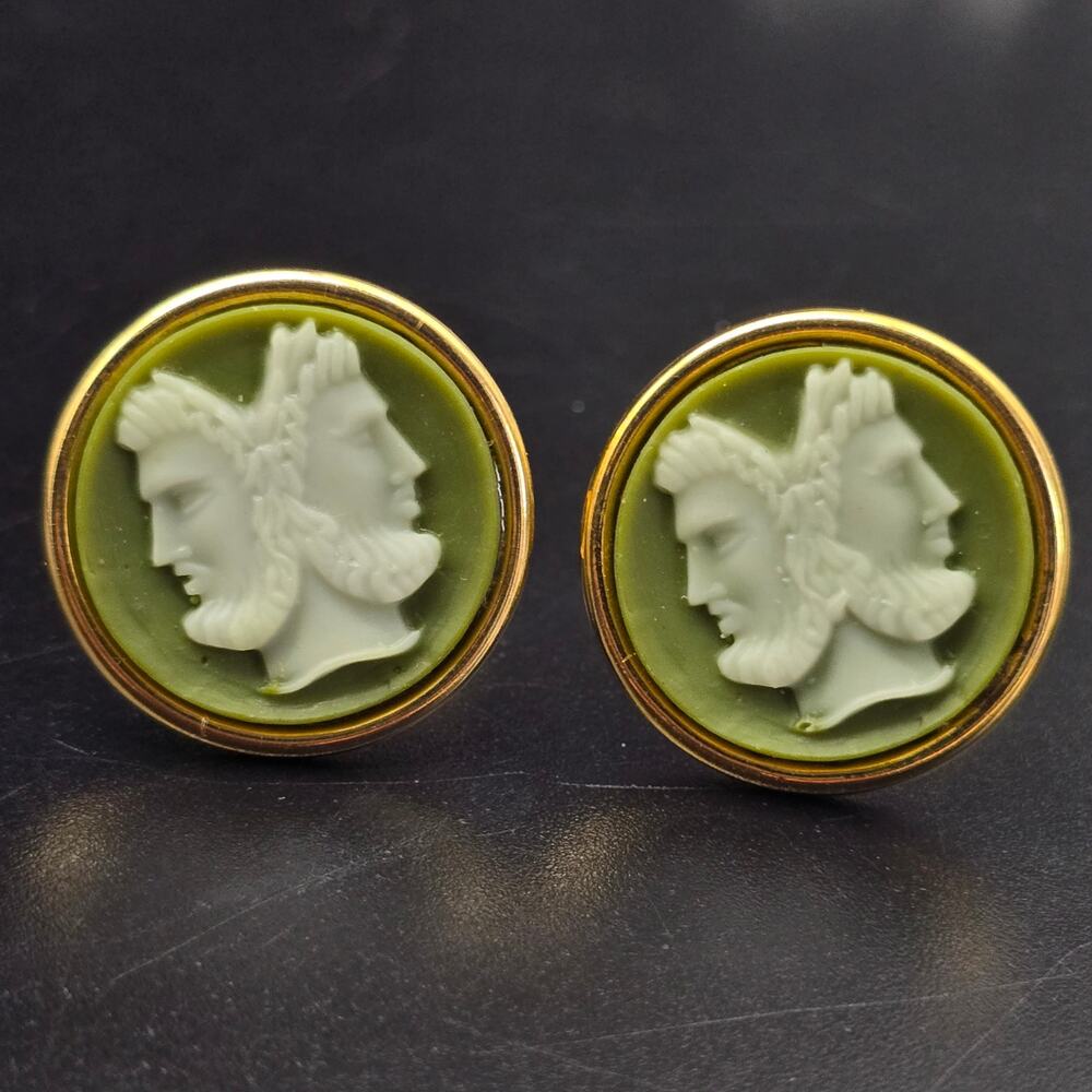 Green Janus Cameo Cufflinks Greek Roman Gold Gold Tone Vintage NOS